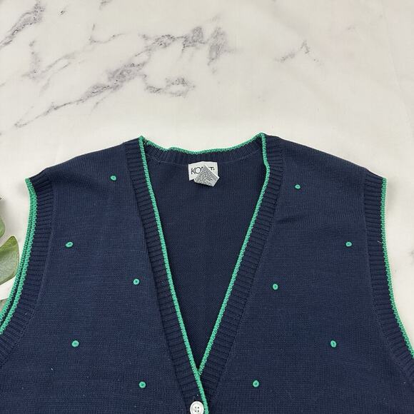 Koret Womens Vintage 90s Sweater Vest Size L Navy Blue Green Floral Embroidered - Picture 2 of 9